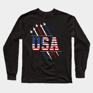 USA American Flag Fighter Jet Air Show 4th Of July Patriotic Long Sleeve T-Shirt